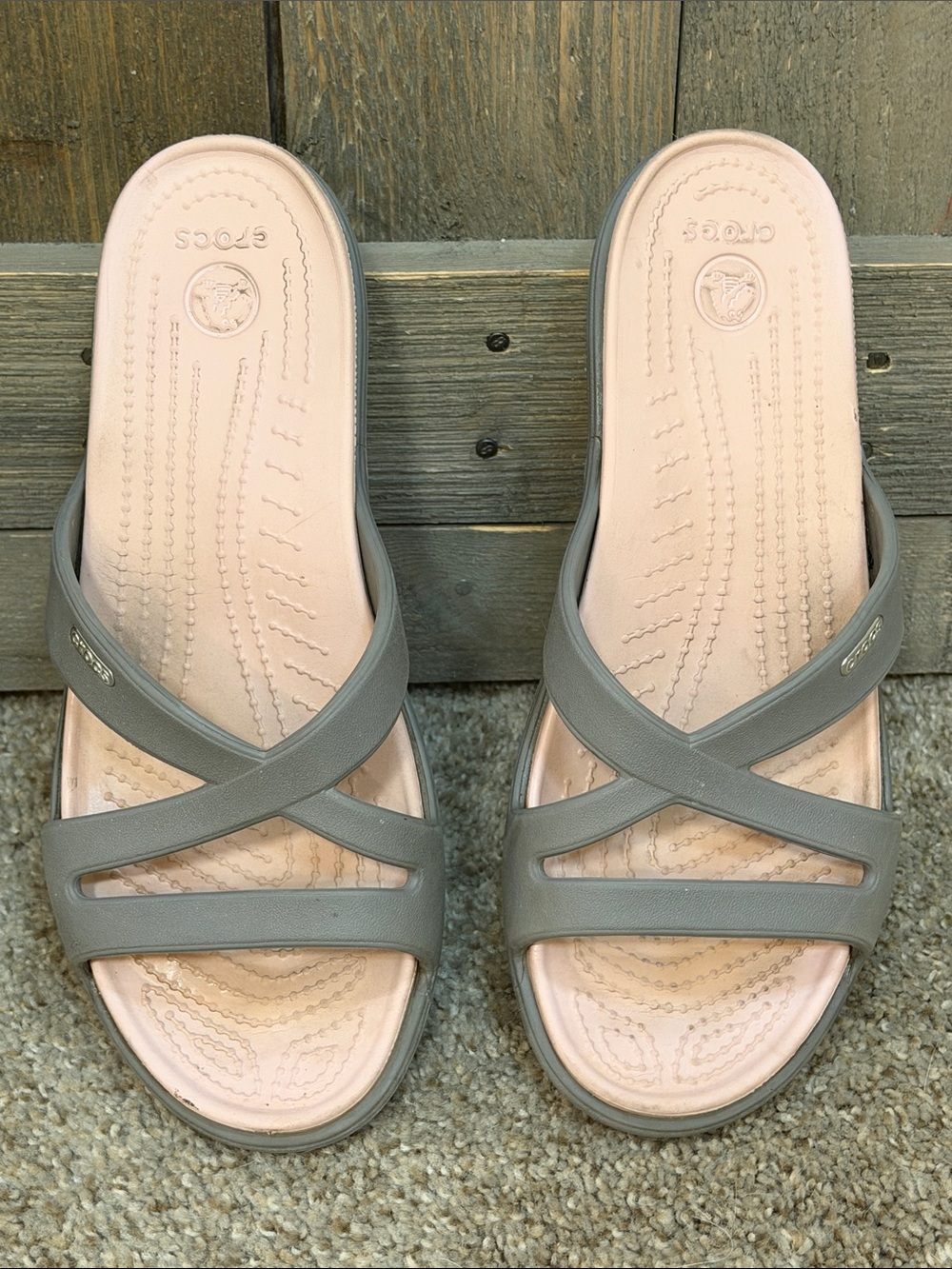 Crocs Serena Cross Strap Slide Sandals Gray Pink Comfort Waterproof Size 10